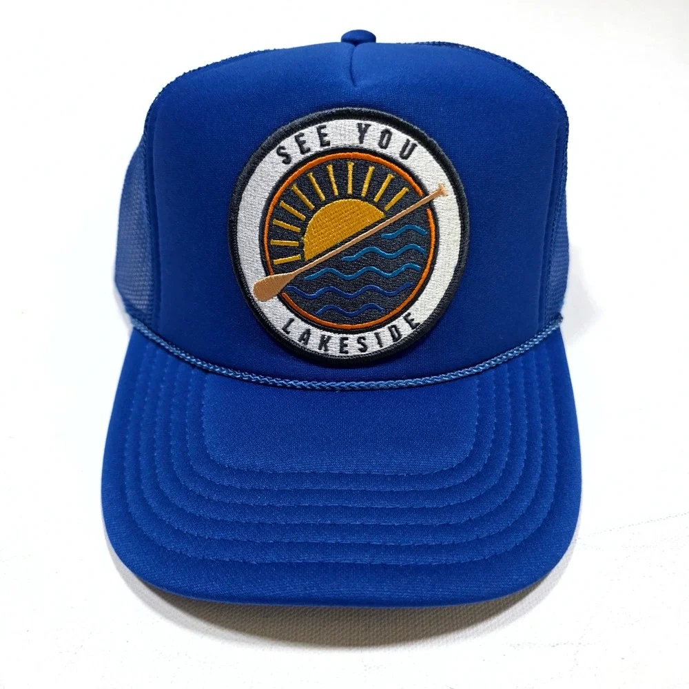 Port Sandz Trucker Hat Mens Blue See You Lakeside Patch Snapback Mesh Cap Retro